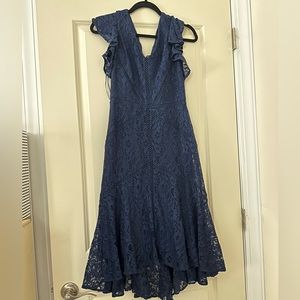 Neiman Marcus blue lace high low midi dress
